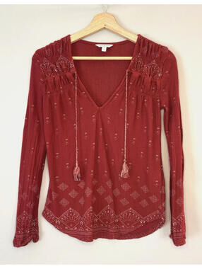 Lucky Brand Red Women's Long Sleeve Pullover Top Tassels Sz XS EUC